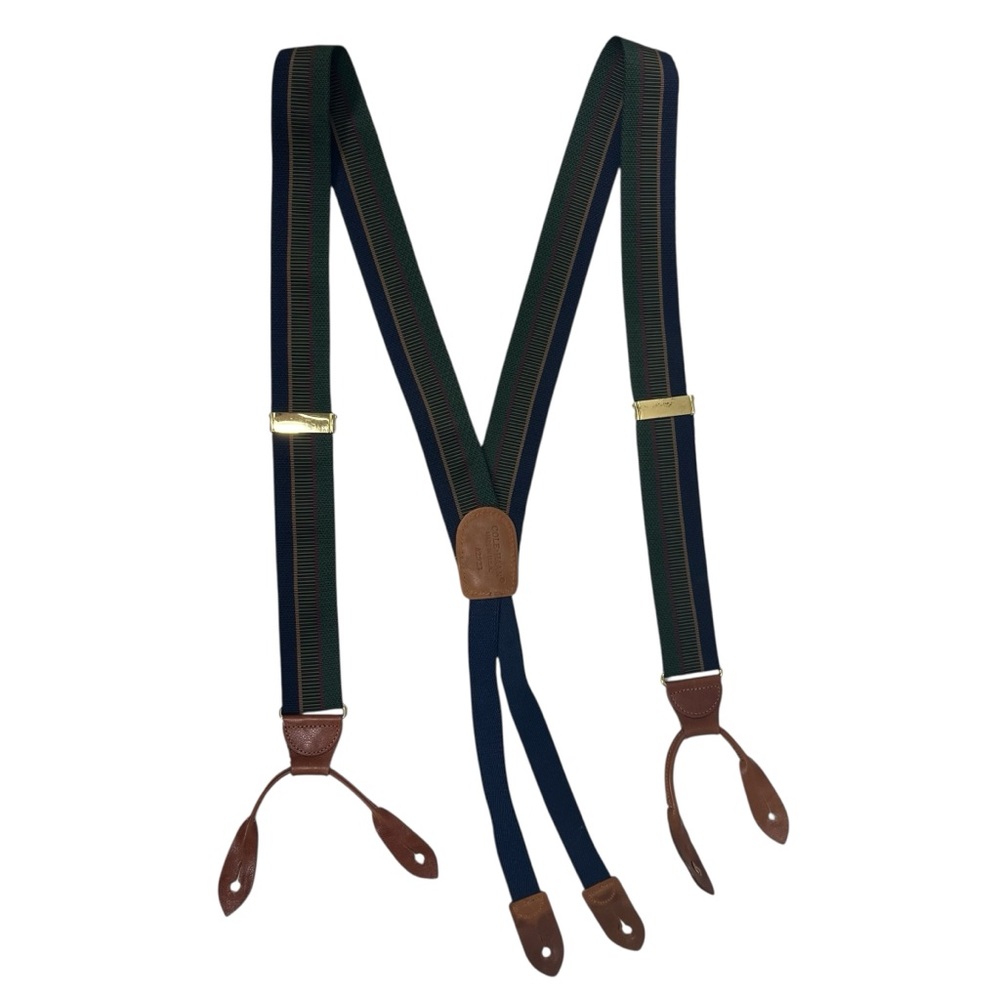 Cole Haan Men’s Navy Green Stripe Leather Trim Suspenders Brass Hardware